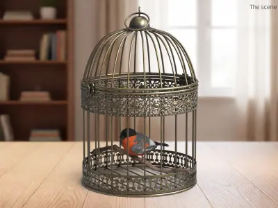  Vintage Cage with Perched Bird on Branch Brass 