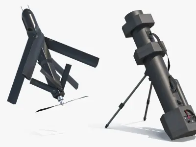  Infantry Drone Launch Weapon with UAV In Flight Black Rigged for Cinema 4D 