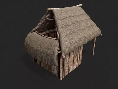 Primitive Wooden Shelter with Thatch Roof 5 Low-poly 3D model