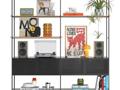 MOBA shelving  with mid-century decor and a vinyl turntable 3D model