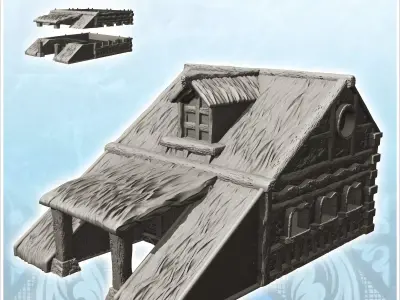 Medieval building with wide roof and double column entrance 4 -  3D print model