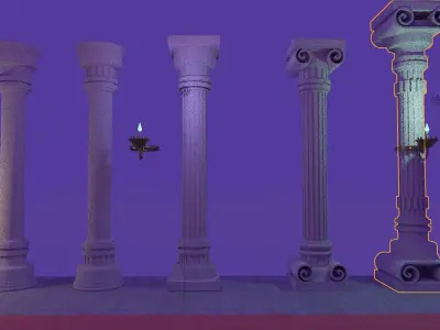 5 Columns on Stone Floor with Red Carpet  3D model