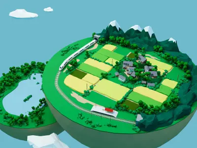 Rural landscape and low poly trees Low-poly 3D model