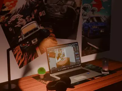 Laptop setup on a desk 3D model