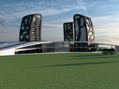 The Island futuristic building in middle of grassy field 3D model