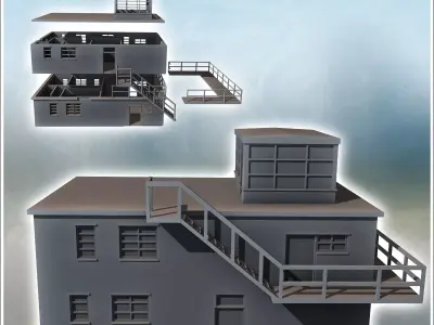 Modern flat-roofed building with observation balcony and multipl 3D print model