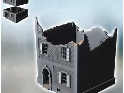 Square brick building with shuttered windows and two floors ruin 3D print model