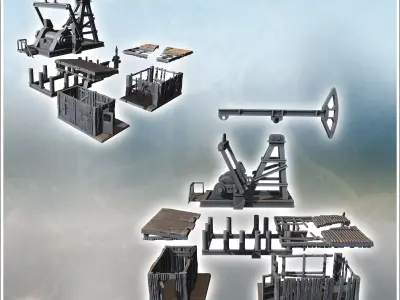 Oil rig with wooden structures pipes and mechanical equipment on 3D print model