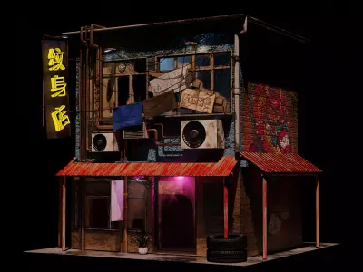 Tatoo Shop in Chinatown Low-poly 3D model