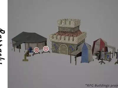 Barracks medieval castle and tents Low-poly 3D model