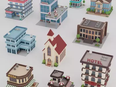 10 Low Poly Buildings Set Low-poly 3D model