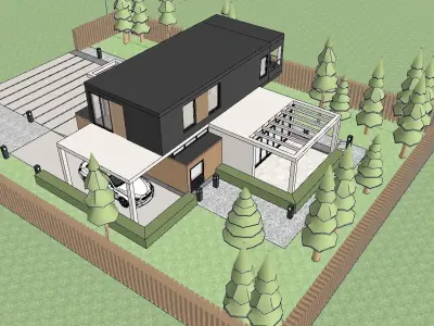 Modern minimalist facade Exterior facade of villa Low-poly 3D model