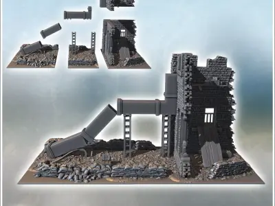 Ruined industrial structure with a large chute and scattered deb 3D print model