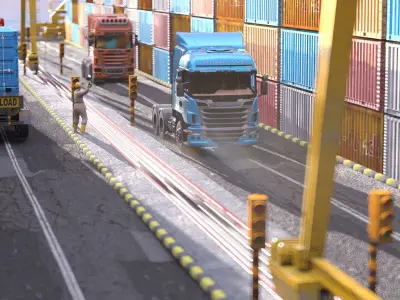wharf container terminal with trucks and containers 3D model