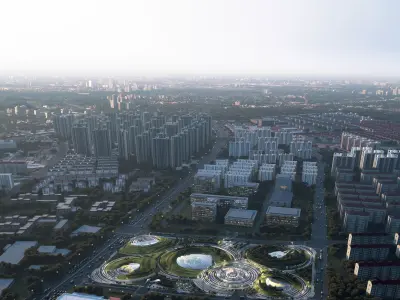 Futuristic Urban Park with Glass Domes and Sunken Plazas 3D model