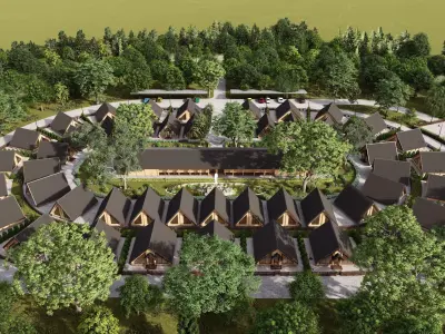 3D model of a small town of wooden houses 3D model