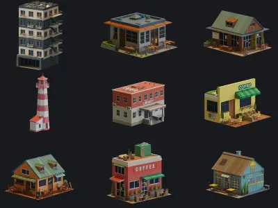 Cartoon Houses and Buildings Low-poly 3D model