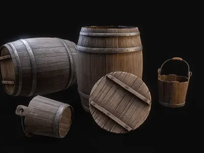 Medieval Barrels and bucket Low-poly 3D model