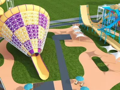 Cartoon colorful childrens theme park many amusement equipment Low-poly 3D model
