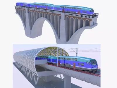 BiLevel train station and viaduct 3D Model Pack