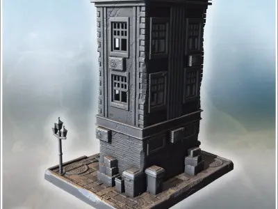 Old bookshop with large windows brick facade benches streetlight 3D print model