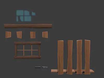 Wooden houses of a poor village - Stylized modular buildings Low-poly 3D model