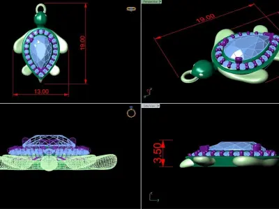 turtle two pendants with diamonds and emeralds 3D print model