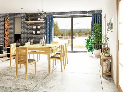 Modern kitchen and living room interior and exterior 3D model