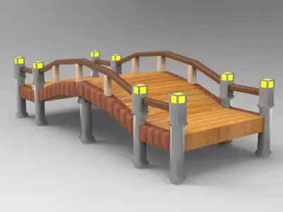 Bridge Low Poly wooden with lights Low-poly 3D model