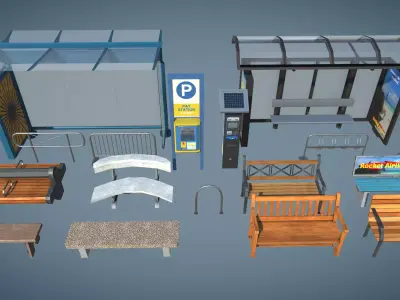 Bus Stop and Benches Low-poly 3D model