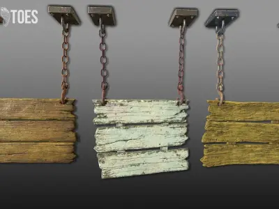 3-Tier Wooden Hanging Signs - Game Ready Low-poly 3D model