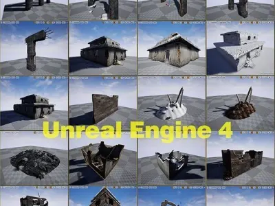 Ruined city set Low-poly 3D model