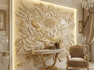 Modern floral Relief Panel Wall Decor Set STL Mural CNC 336 3D model