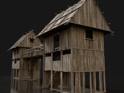 Next Gen AAA Wooden Watchtower Bridge Gate - ENTERABLE Low-poly 3D model