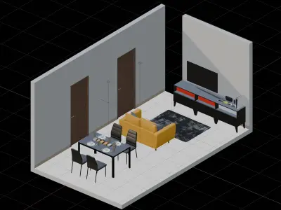 Isometric Living Dining Room With Black Furniture  3D model