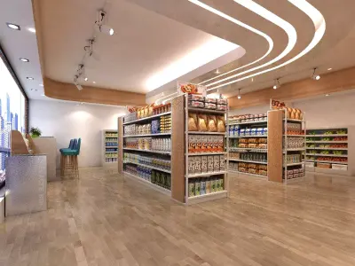 supermarket grocery store with wooden floors and shelves 3D model