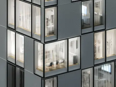 Modern residential building 08 at night with interiors 3D model