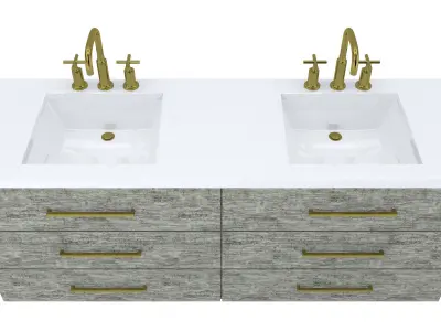Vanity-007B bathroom vanity with two sinks and brass faucets 3D model