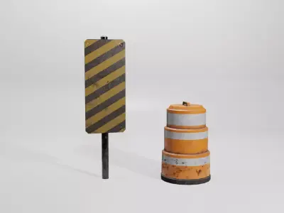 Beware black-yellow sign and orange cone gameready Low-poly 3D model