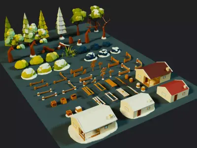 CARTOON COUNTRY SIDE EXTERIOR LOW POLY 3D MODEL  Low-poly 3D model