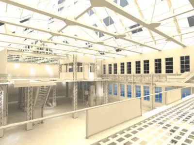 Factory model inside of empty building Low-poly 3D model
