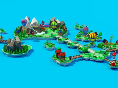 Cartoon sea village Low-poly 3D model
