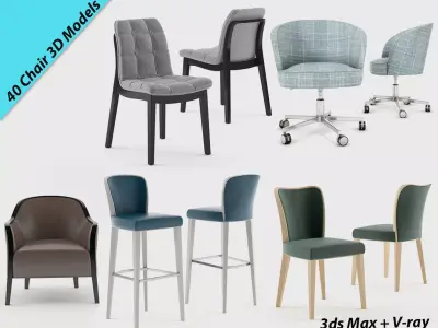 Chair collection leather with wooden legs 3D model