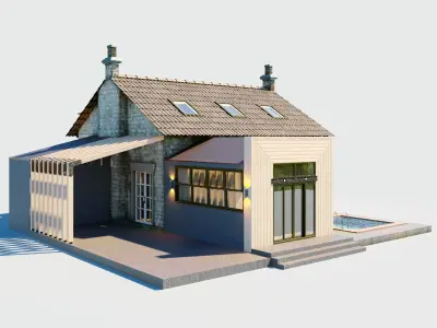 Old English cottage with a modern extension  3D model