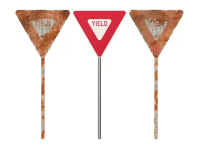 Yield Road Signs Rusted Old and Clean versions Low-poly 3D model
