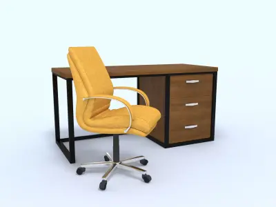Leather yellow office chair and office table Free 3D model