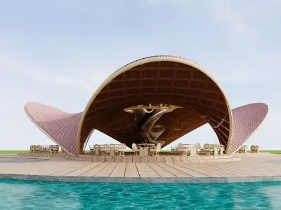 Futuristic Pavilion with Curved Roof and Outdoor Terrace 3D model