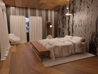 Bedroom with wood floors and bed 3D model