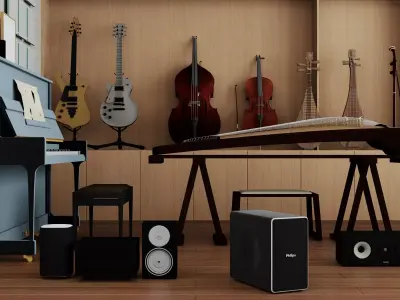 Music studio interior and instrument kit Low-poly 3D model