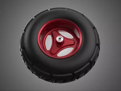 METALLIC RED THREE SPOKE TREAD TIRE RIM CART WHEELBARROW RUBBER 3D model